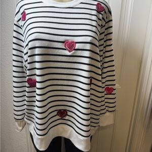 Jane & Delancey Plus 1X Breton Stripe Pink Heart Pullover, Drop Shoulder, casual